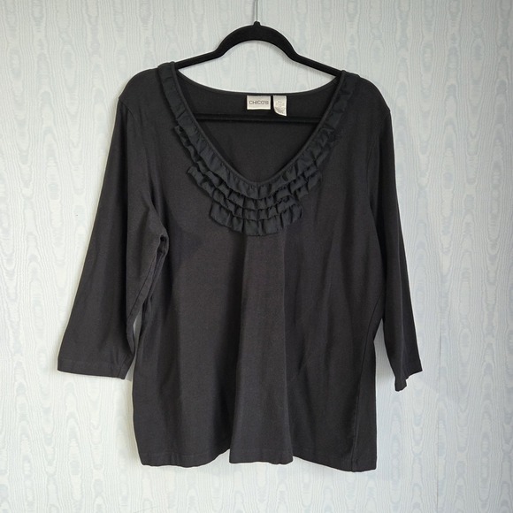 Talbots Tops - Chicos Womens XL (3) Black 3/4 Sleeve Pima Cotton Ruffle Neck Top Whimsygoth